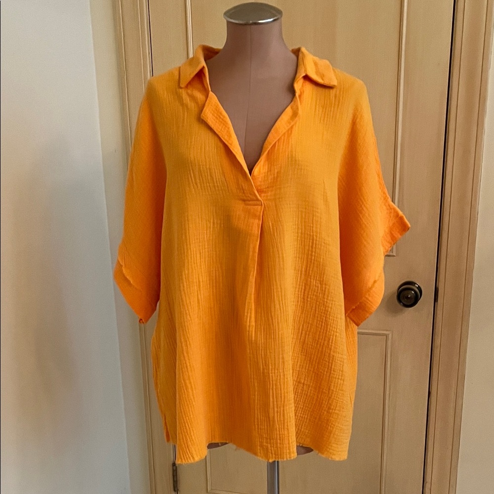 KAKTUS Beachy Coastal Summer 100% Cotton Gauze Dolman SL Bright Tangerine Top 2X